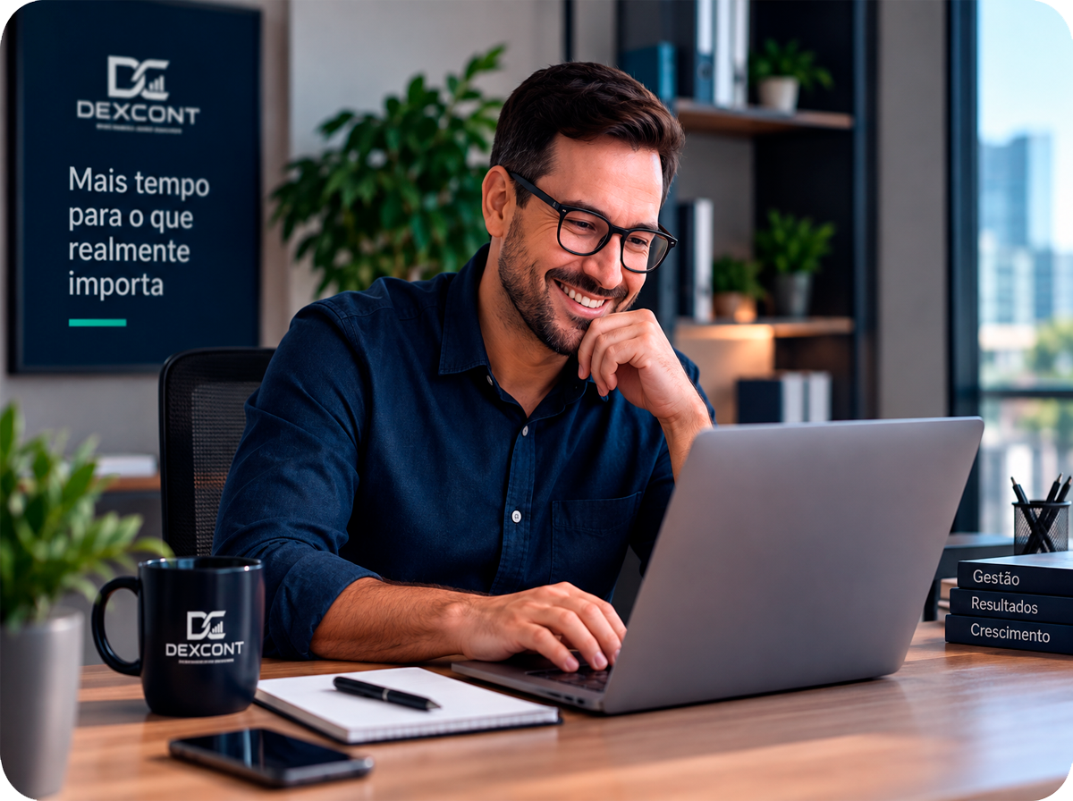 Notebook mostrando a plataforma de gestão contábil DexCont