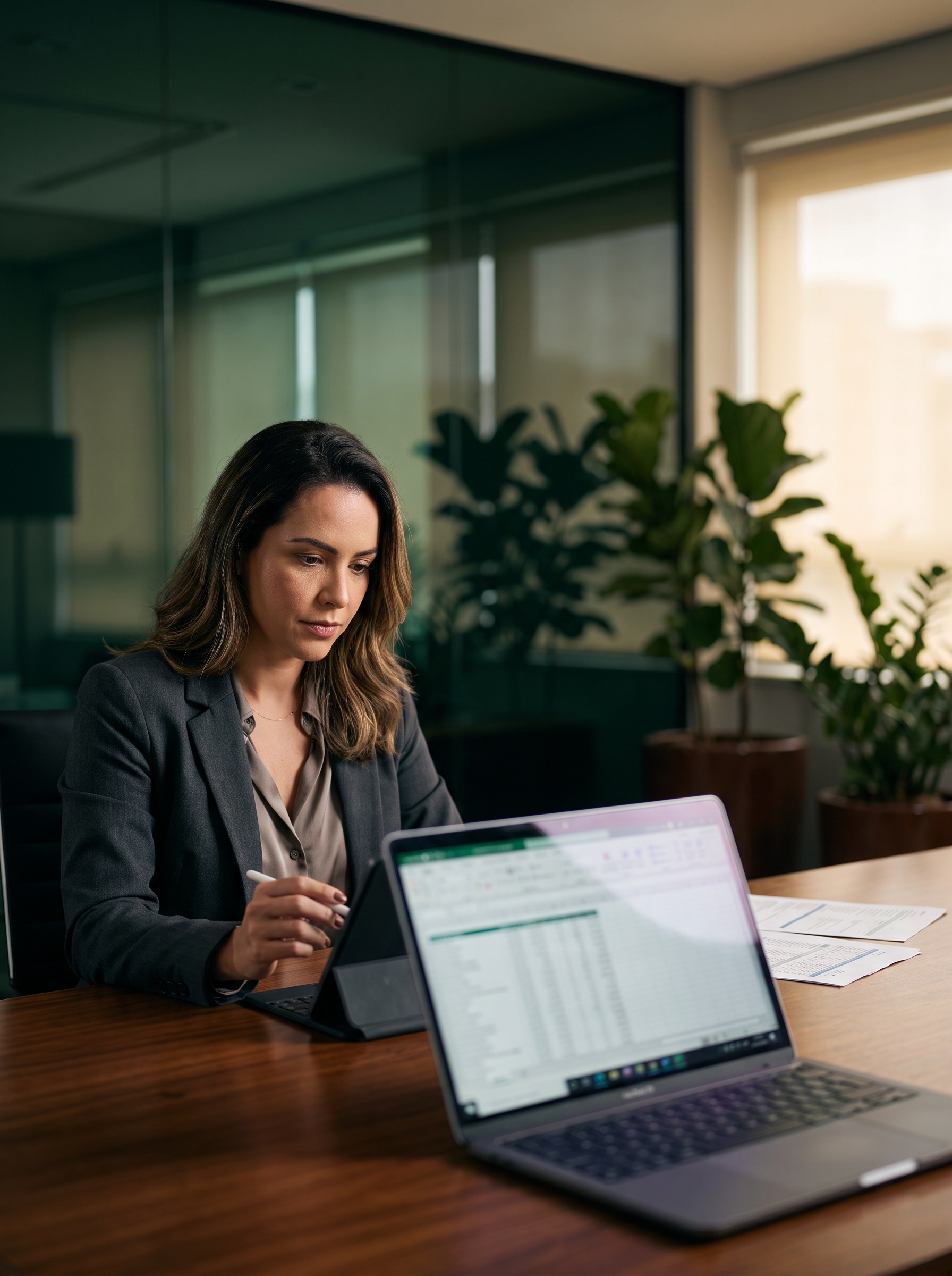Empresária analisando informações tributárias em tablet e notebook em ambiente corporativo moderno